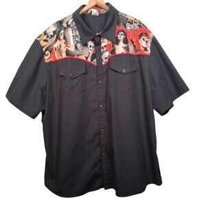 Bennys Western Shirt Men 3X Black Snap up Sugar Skull Day Of The Dead RoseTattoo
